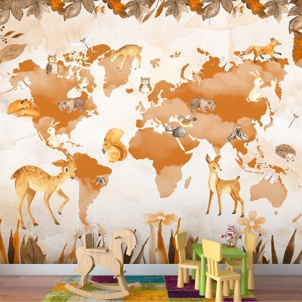 Papel de Parede Personalizado Mapa Mundi com Animais