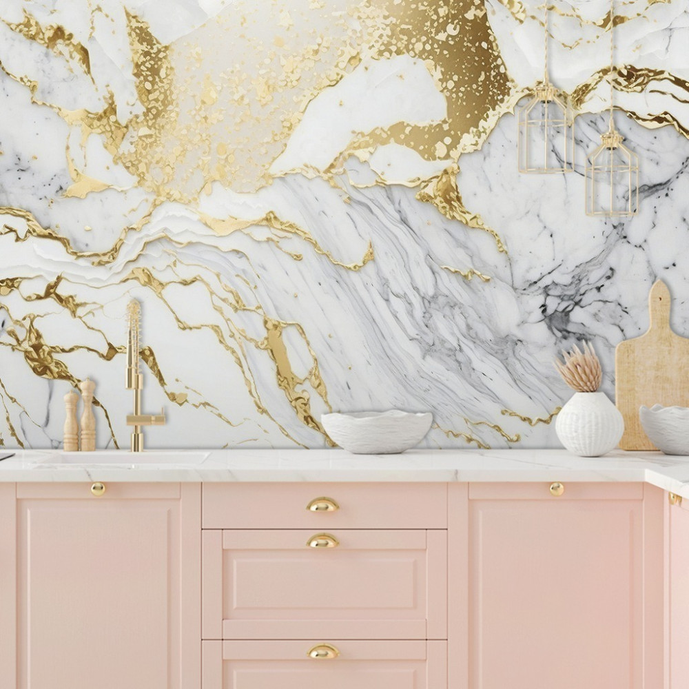 Papel de Parede Personalizado Mármore Alabastro com Dourado