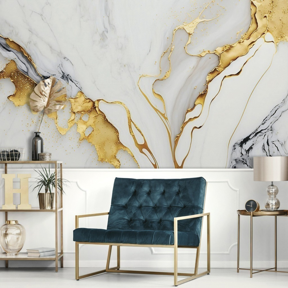 Papel de Parede Personalizado Mármore Folhas de Ouro