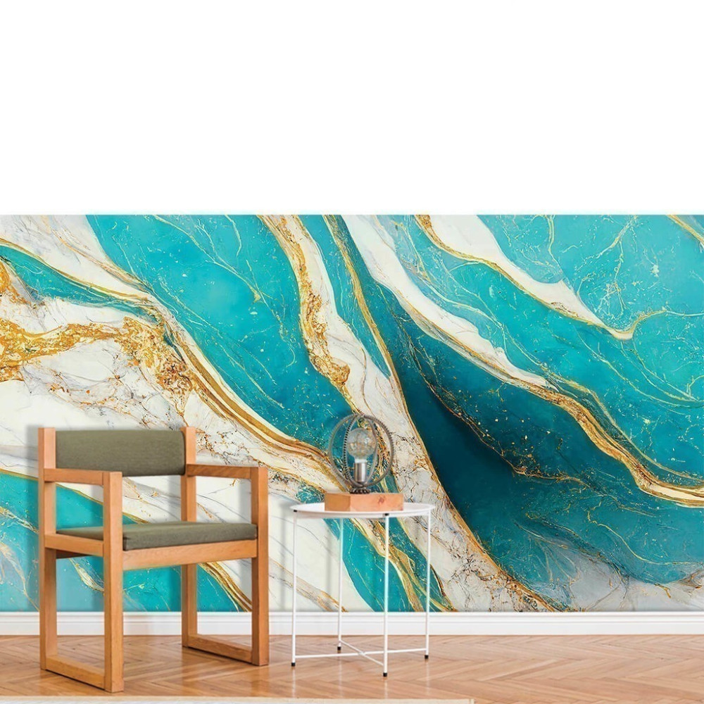 Papel de Parede Personalizado Mármore Pedra Turquesa Gold