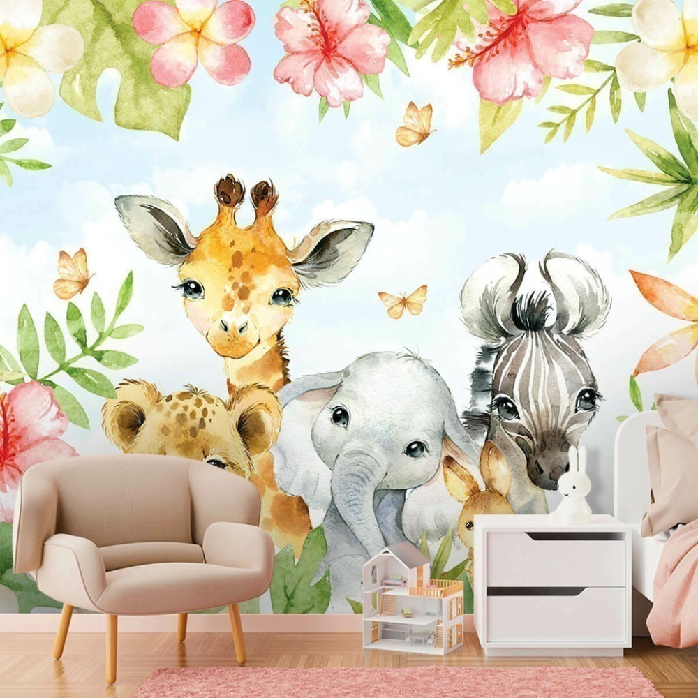 Papel De Parede Personalizado Safári Fofo Aquarela