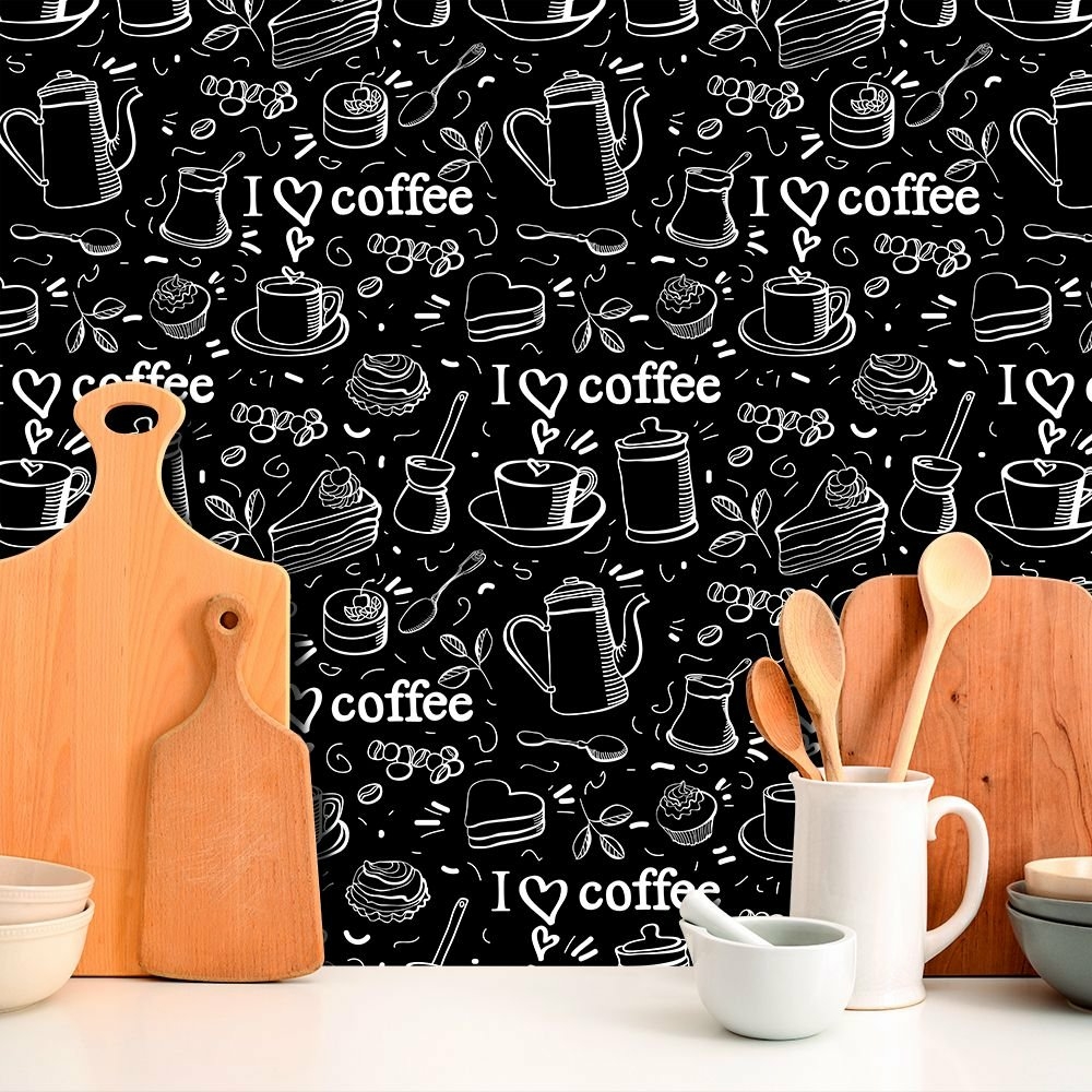 Papel de Parede Para Cozinha Love Coffee Preto e Branco