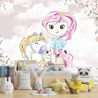 Papel de Parede Personalizado Princesa e Unicórnio Floral