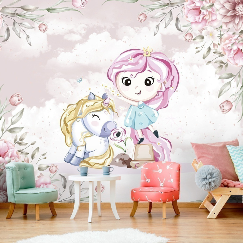 Papel de Parede Personalizado Princesa e Unicórnio Floral