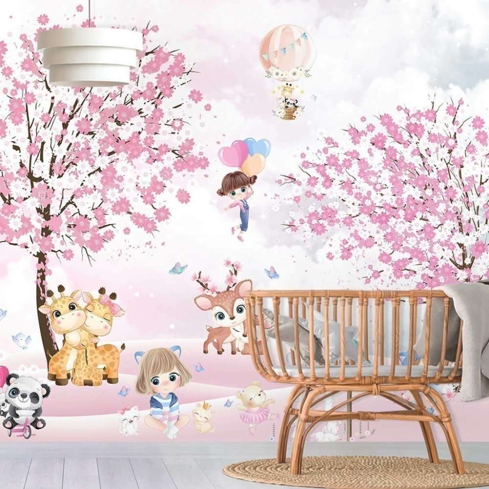 Papel de Parede Jardim Floral Rosa com Bichinhos Cute