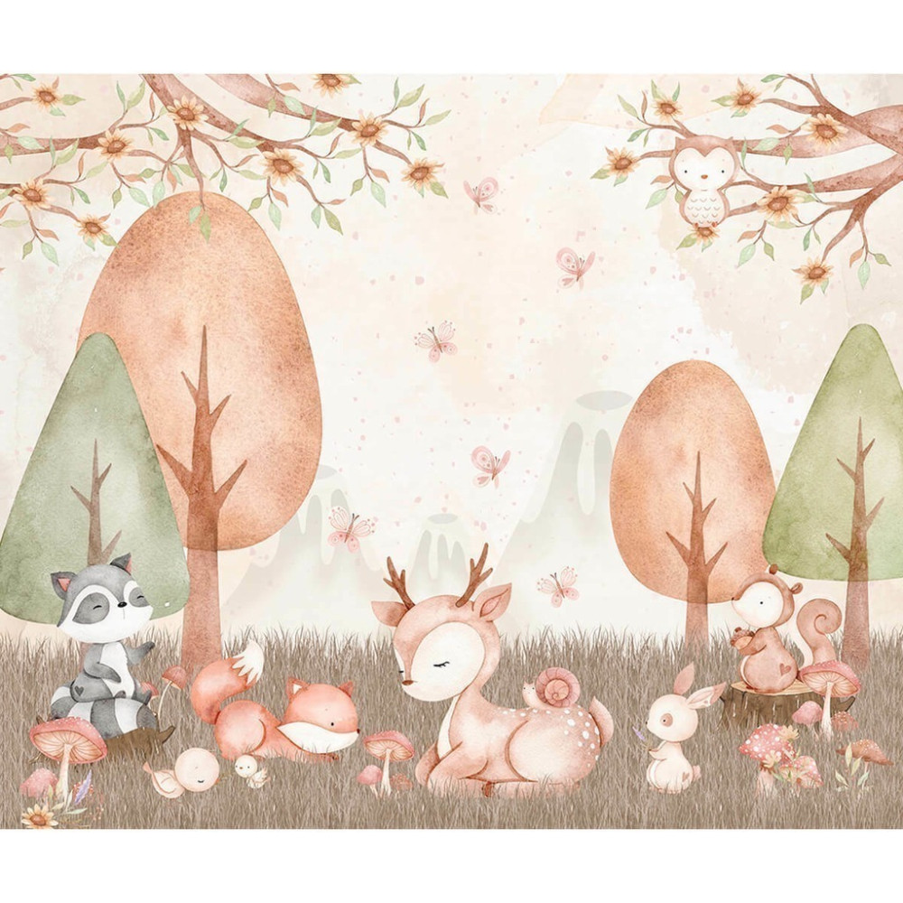 Papel de Parede Personalizado Aquarela Animais no Bosque Encantado