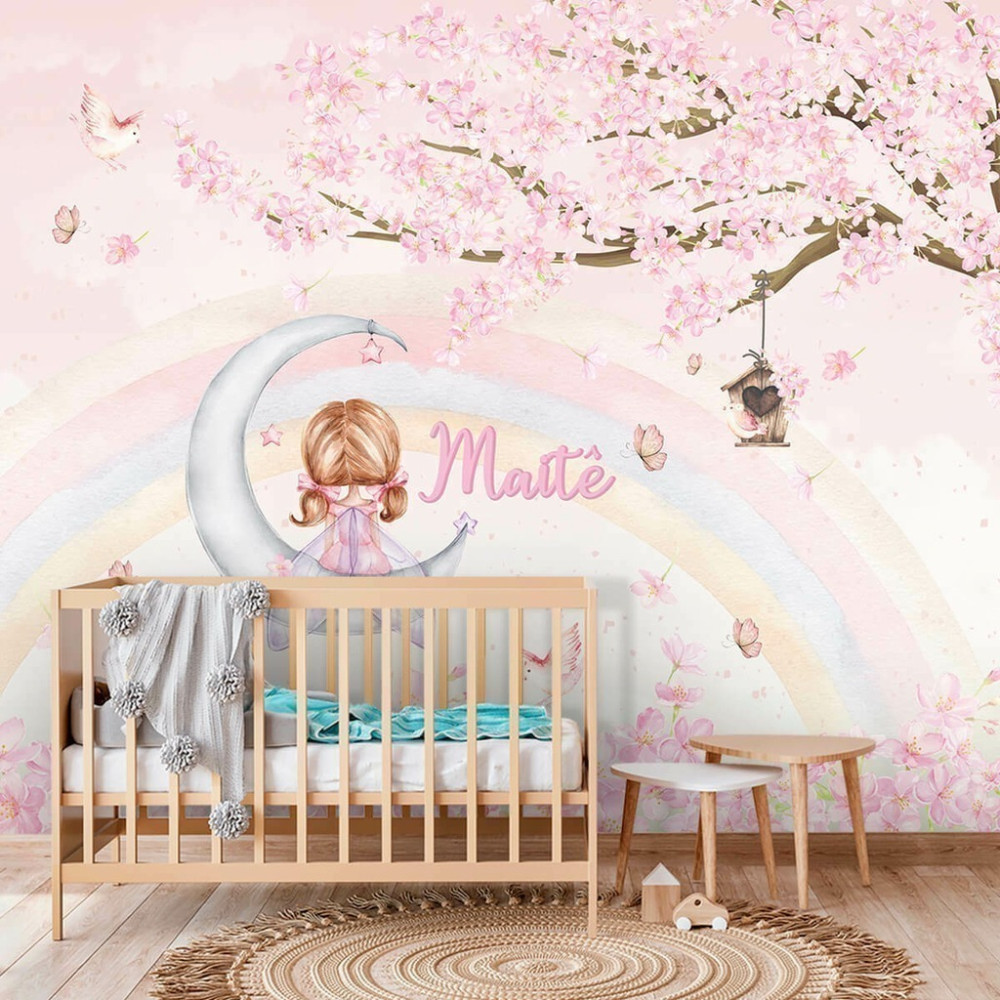 Papel de Parede Personalizado Fadinha na Lua Floral