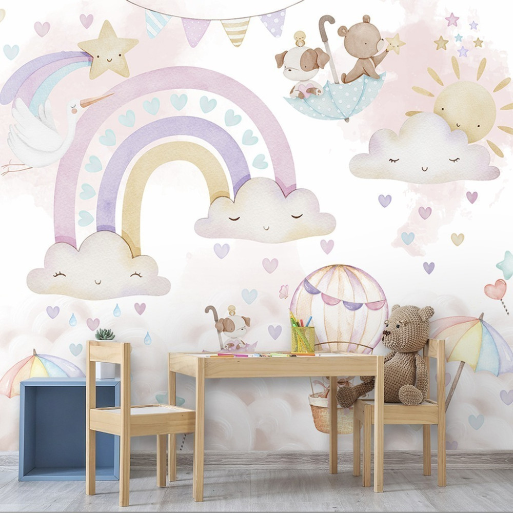 Papel de Parede Personalizado Chuva de Amor com Animais Fofos Papel de Parede Personalizado Chuva de Amor com Animais Fofos