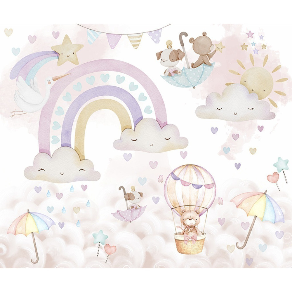 Papel de Parede Personalizado Chuva de Amor com Animais Fofos Papel de Parede Personalizado Chuva de Amor com Animais Fofos