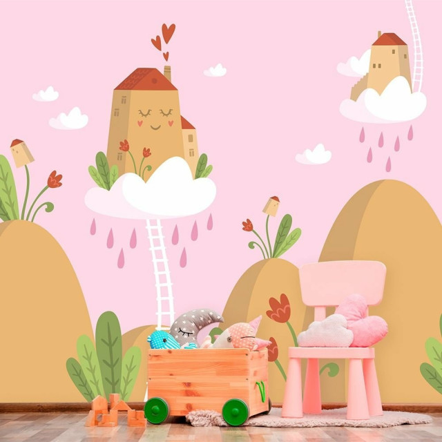 Papel de Parede Personalizado Casa Nas Nuvens Rosa