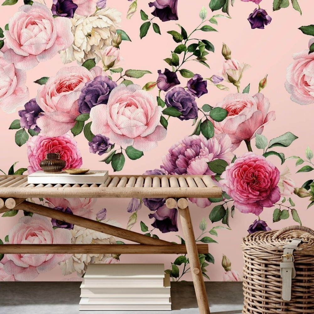Papel De Parede Personalizado Floral Fundo Rosa
