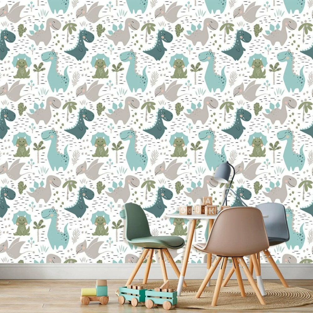 Papel de Parede Bebê Dinossauros Amiguinhos Fofos