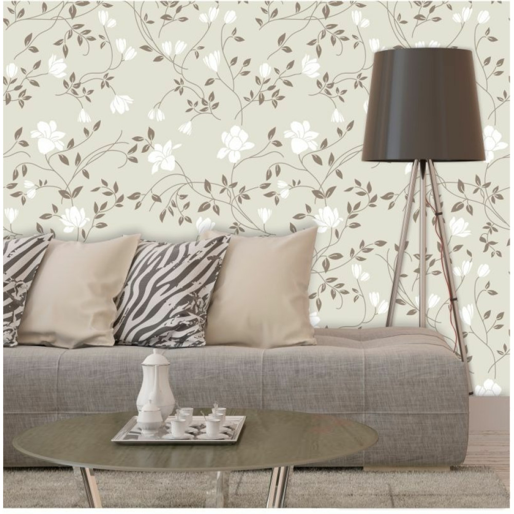 Papel de Parede Floral em Tons de Bege e Branco