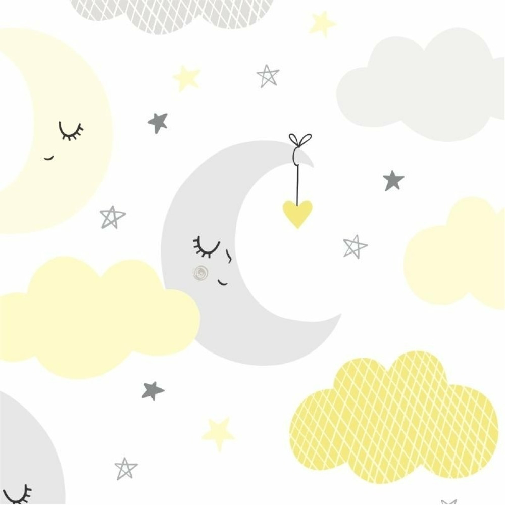 Papel de Parede Baby Nuvens e Lua Cinza e Amarelo