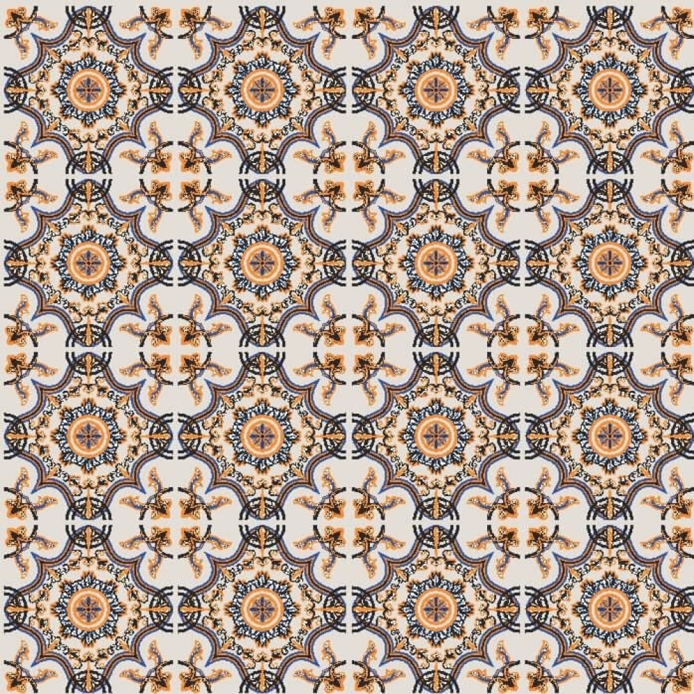 Papel de Parede Azulejo com Tons Azul, Laranja e Preto