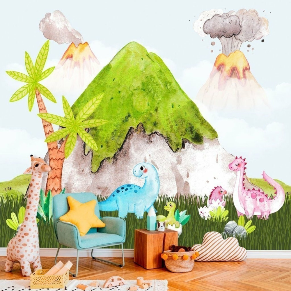 Papel de Parede Personalizado Dino Vulcão Aquarela