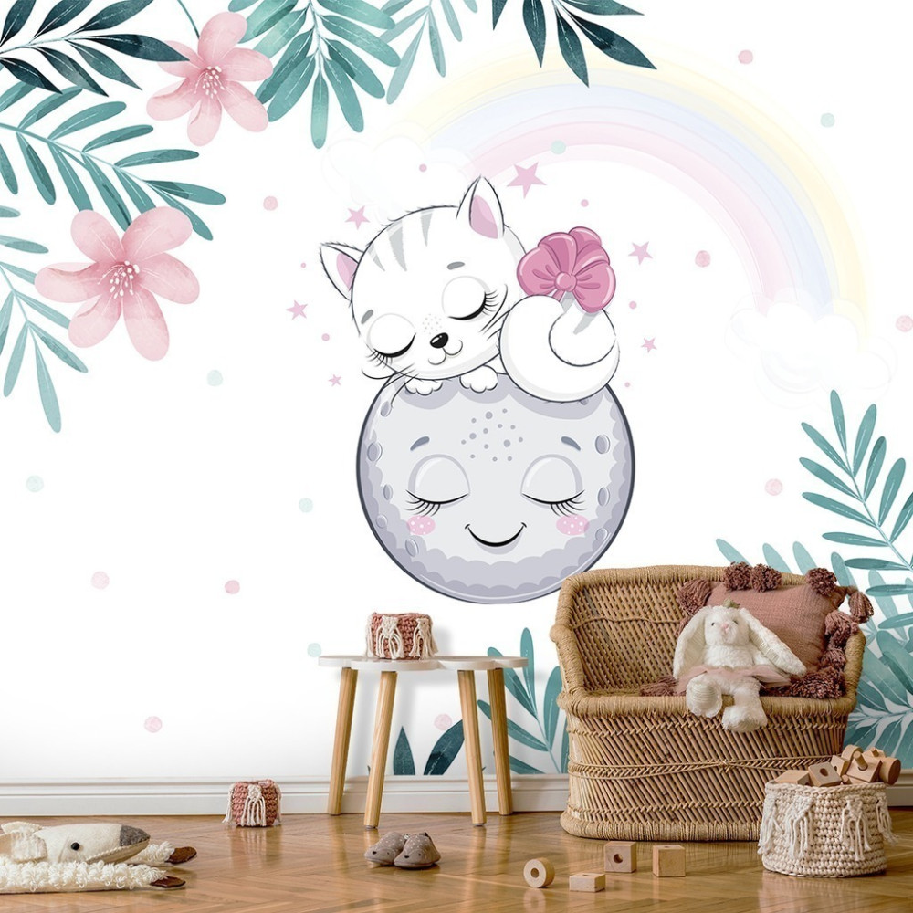 Papel De Parede Personalizado Gato Fofo Na Lua Feliz