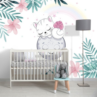 Papel De Parede Personalizado Gato Fofo Na Lua Feliz