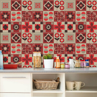 Adesivo de Azulejo Hidráulico em Tons de Bege e Vermelho