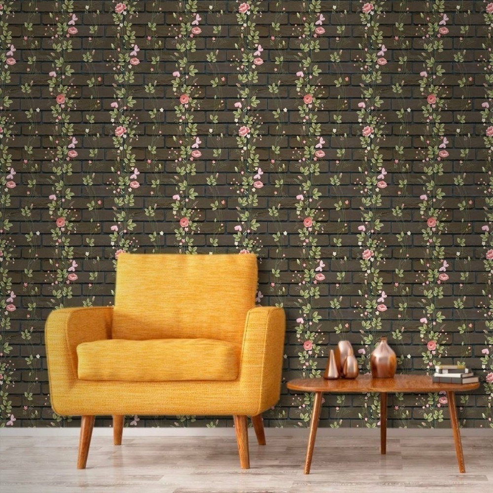 Papel de Parede Personalizado Tijolinho Cortina de Flores