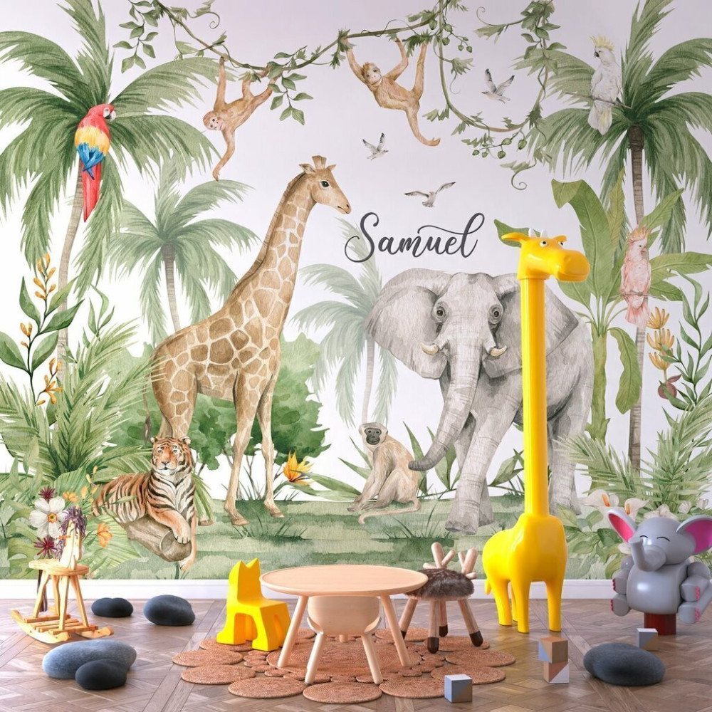 Papel de Parede Personalizado Selva dos Animais Safari Aquarela