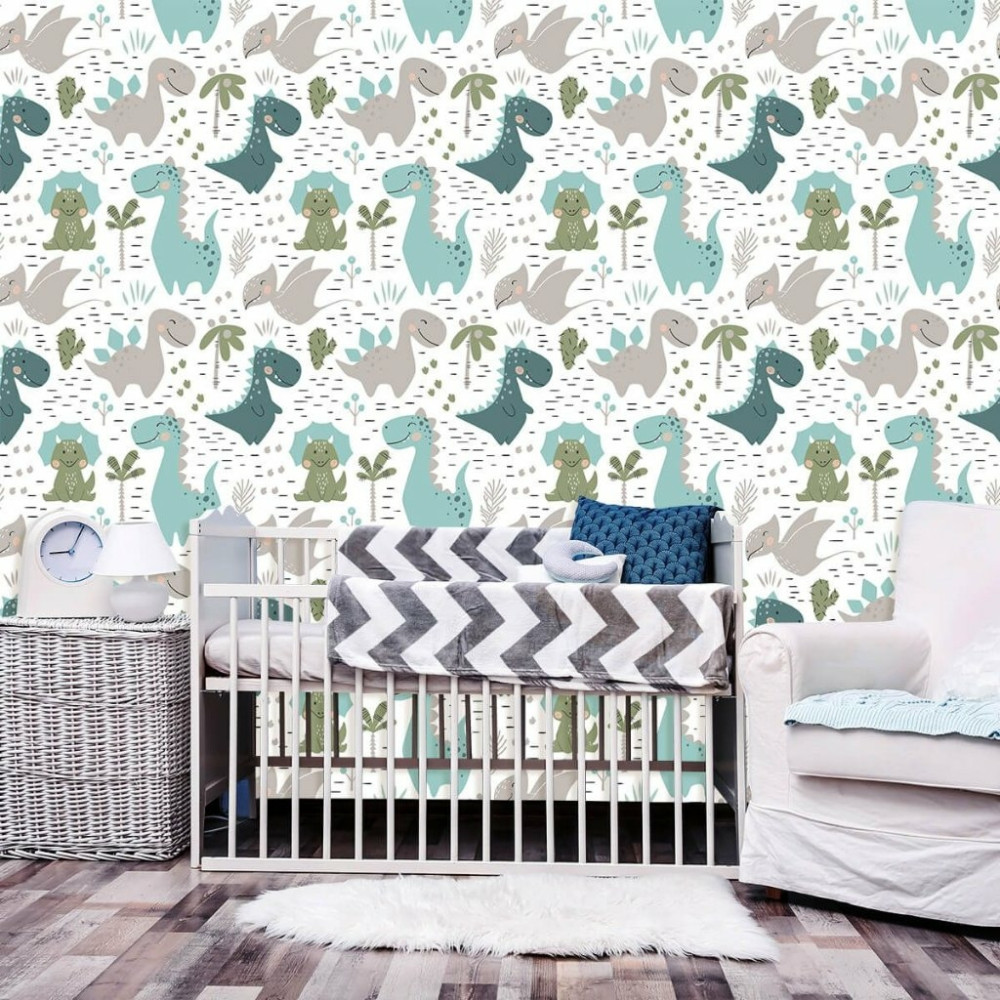 Papel de Parede Bebê Dinossauros Amiguinhos Fofos