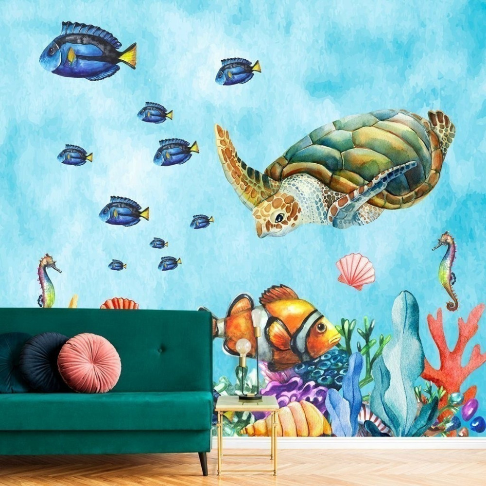 Papel de Parede Personalizado Fundo do Mar Azul Celeste Aquarela