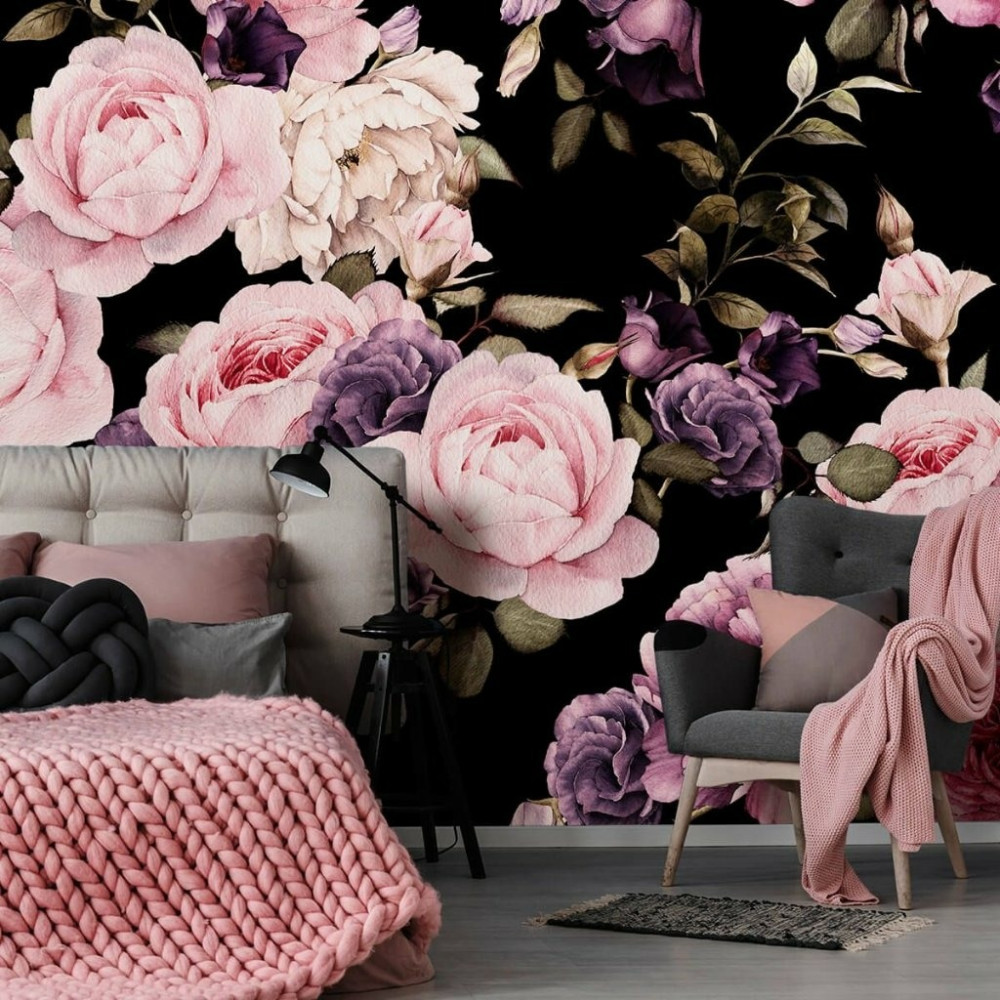 Papel De Parede Personalizado Flores Com Fundo Preto
