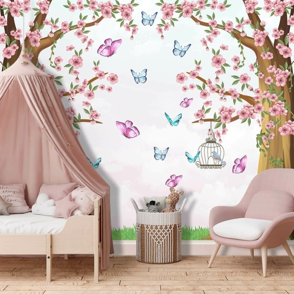 Papel De Parede Personalizado Árvore De Flores Com Borboletas