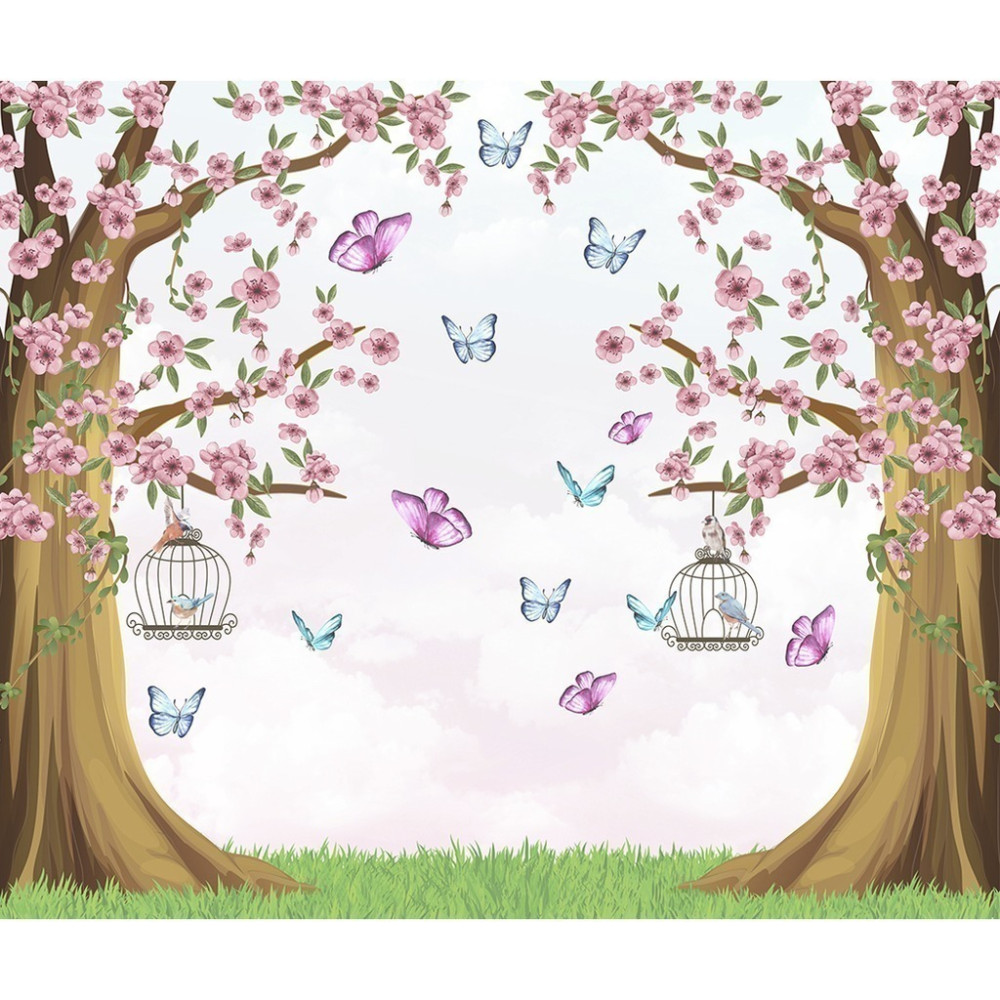 Papel De Parede Personalizado Árvore De Flores Com Borboletas