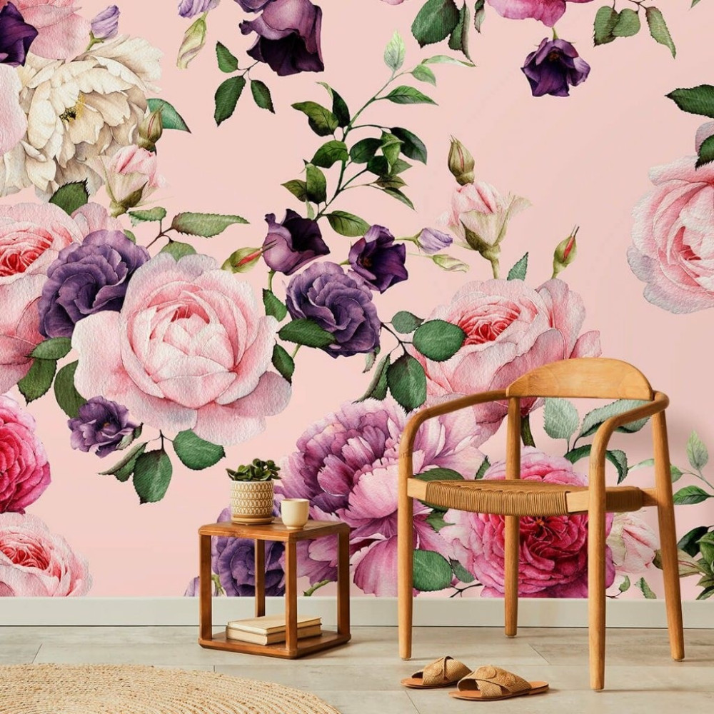 Papel De Parede Personalizado Floral Fundo Rosa