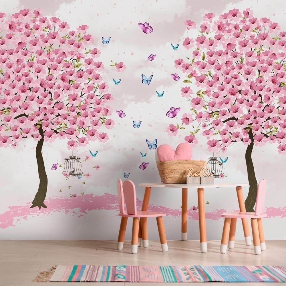 Papel De Parede Personalizado Cerejeira Com Borboletas