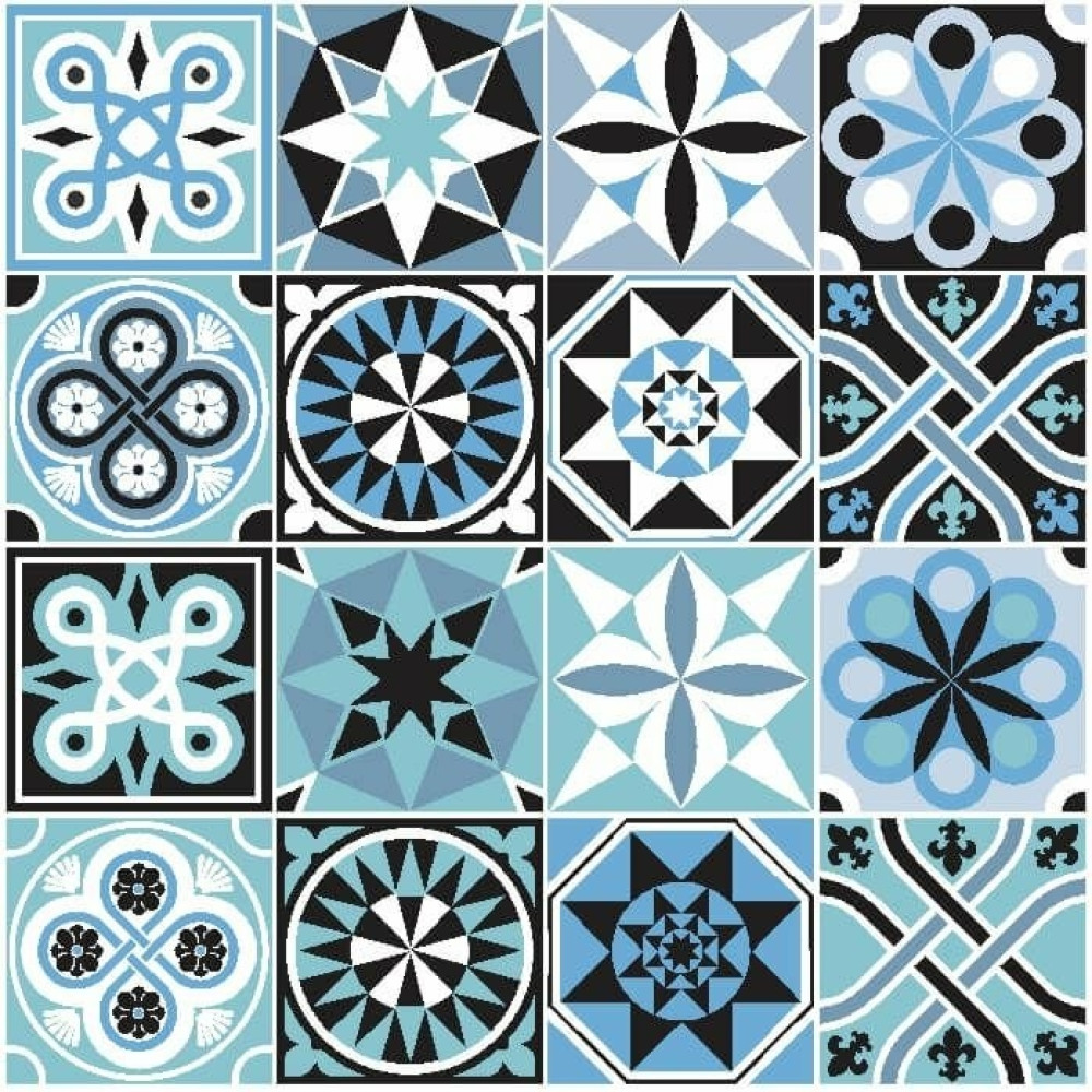 Adesivo de Azulejo Hidráulico em Tons de Azul e Preto