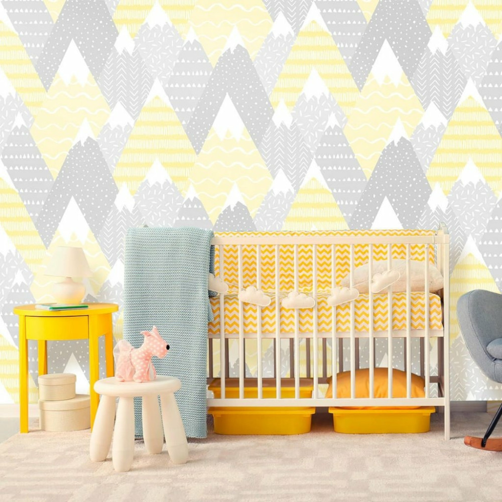 Papel de Parede Montanhas Baby Amarelo e Cinza