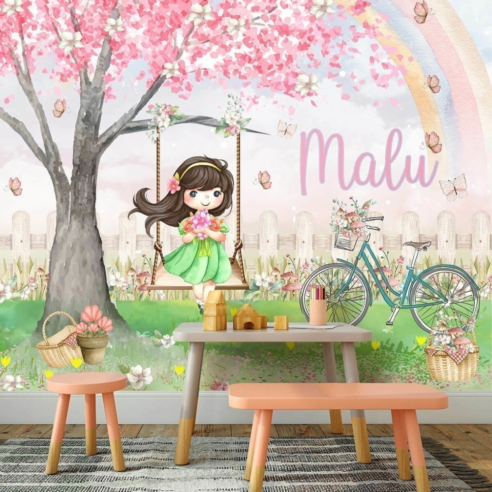 Papel De Parede Personalizado Menina No Balanço Do Ipê Rosa