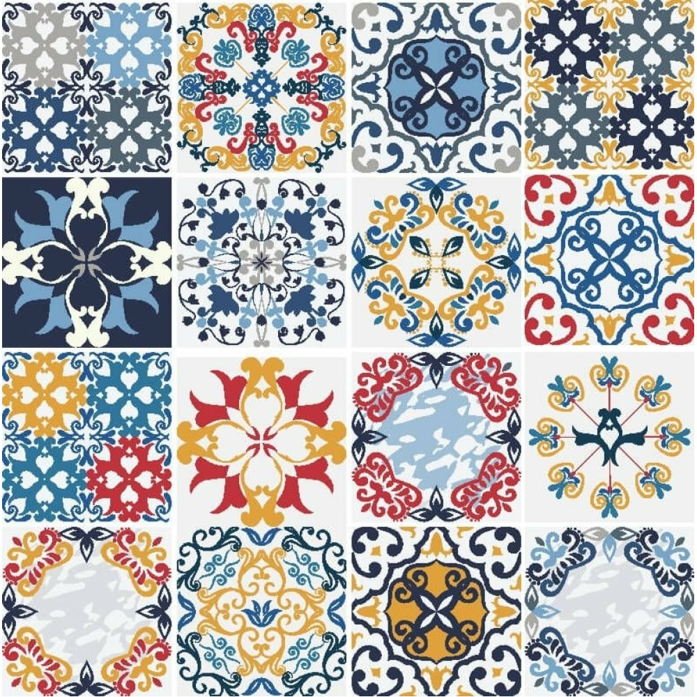 Kit Adesivo Azulejo em Tons de Azul, Amarelo, Cinza e Vermelho