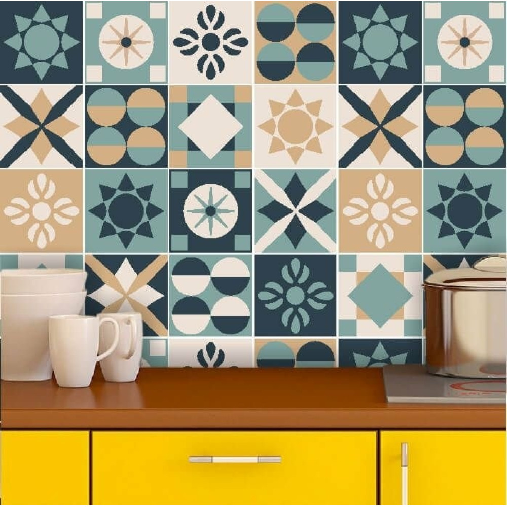 Adesivo de Azulejo Hidráulico Bege, Azul e Verde