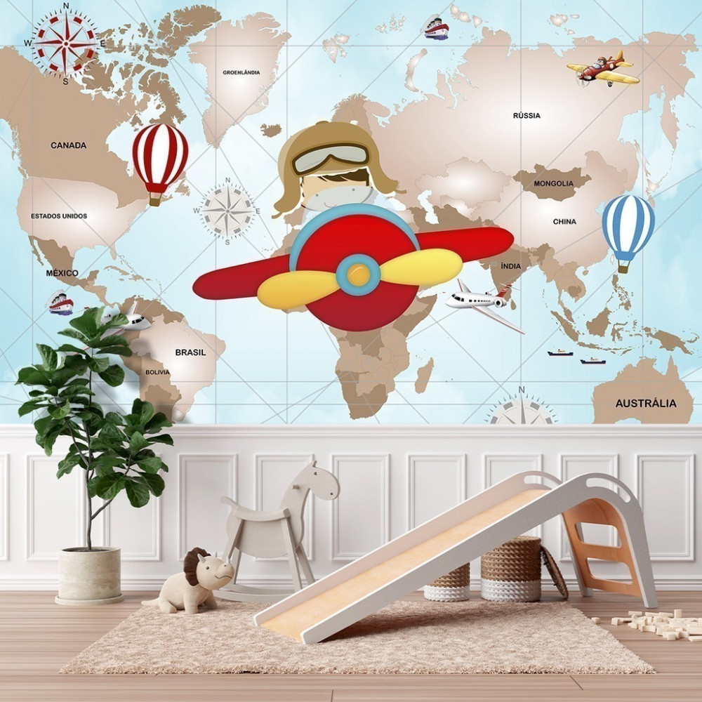 Papel De Parede Personalizado Menininho Aviador No Mapa Múndi