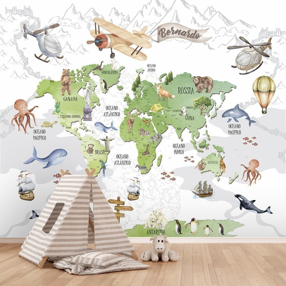 Papel De Parede Personalizado Mapa Mundi Verde Aquarela