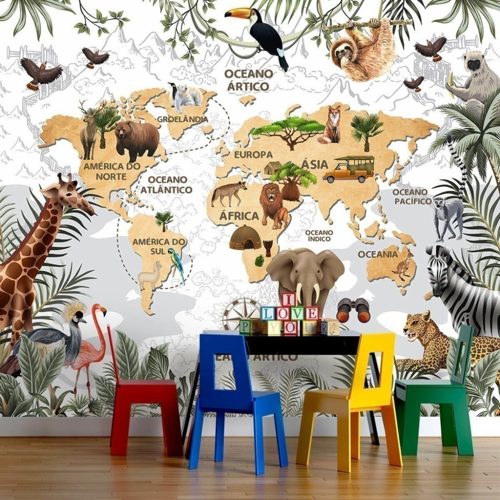 Papel De Parede Personalizado Mapa Múndi Com Animais