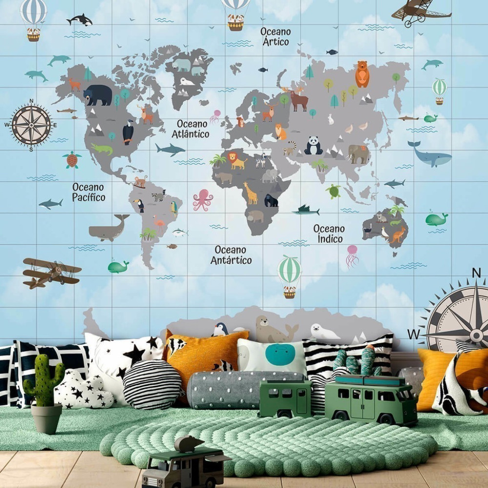 Papel De Parede Personalizado Mapa Mundi Cinza Com Fundo Quadriculado