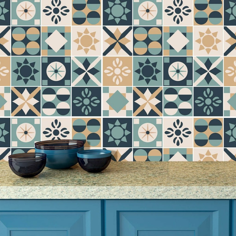 Adesivo de Azulejo Hidráulico Bege, Azul e Verde