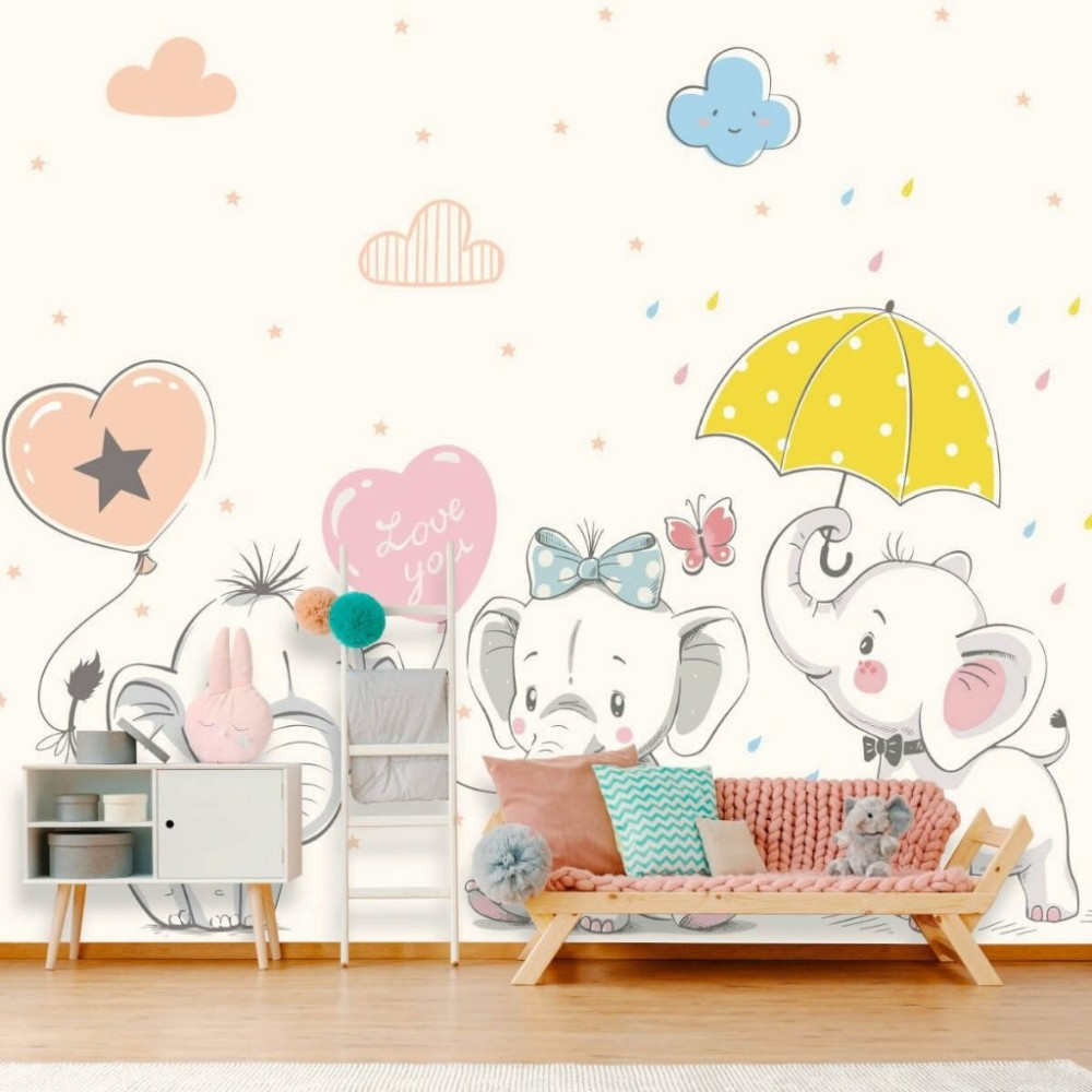 Papel de Parede Personalizado Bebês Elefantes Cute