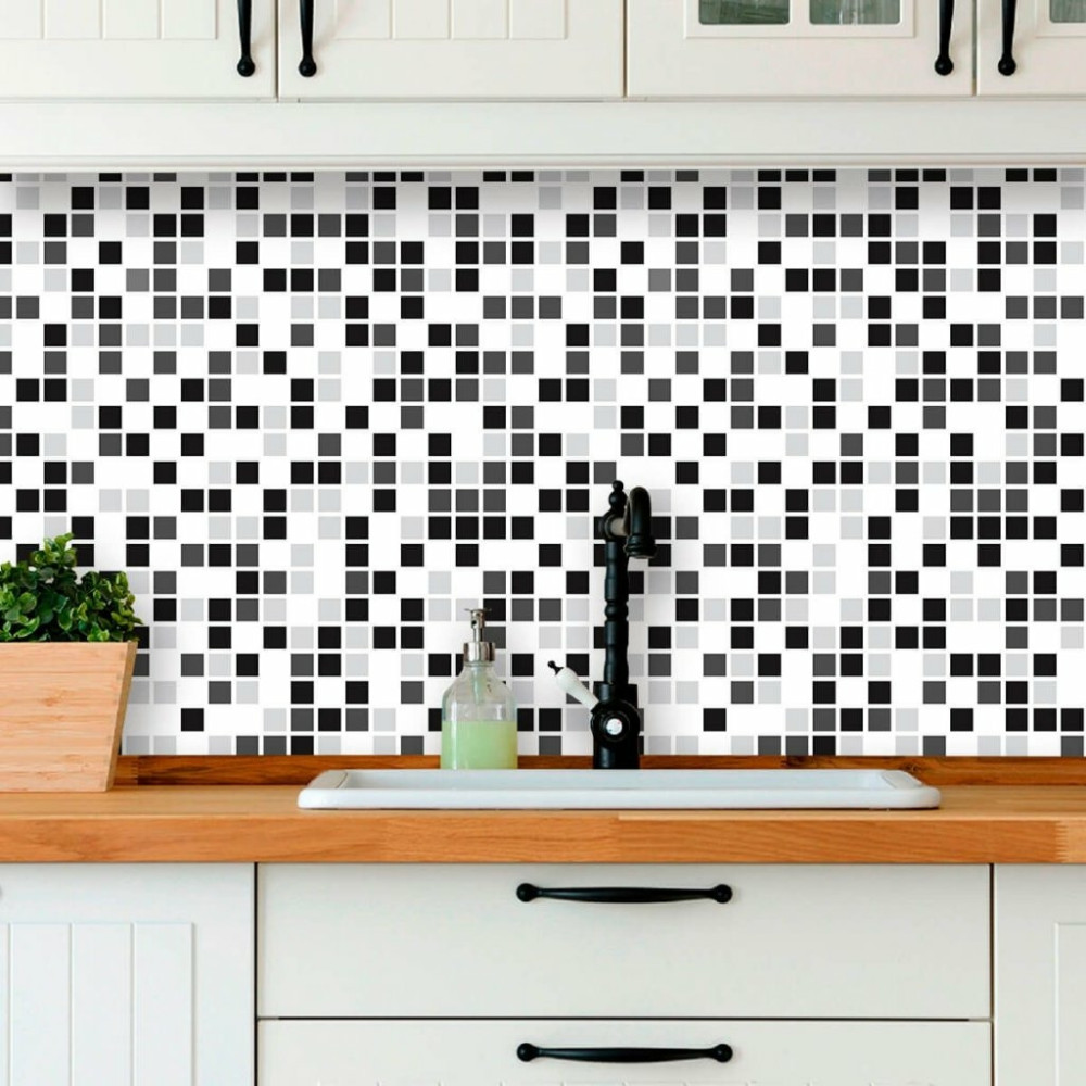 Papel de Parede Pastilhas Preto, Branco e Cinza