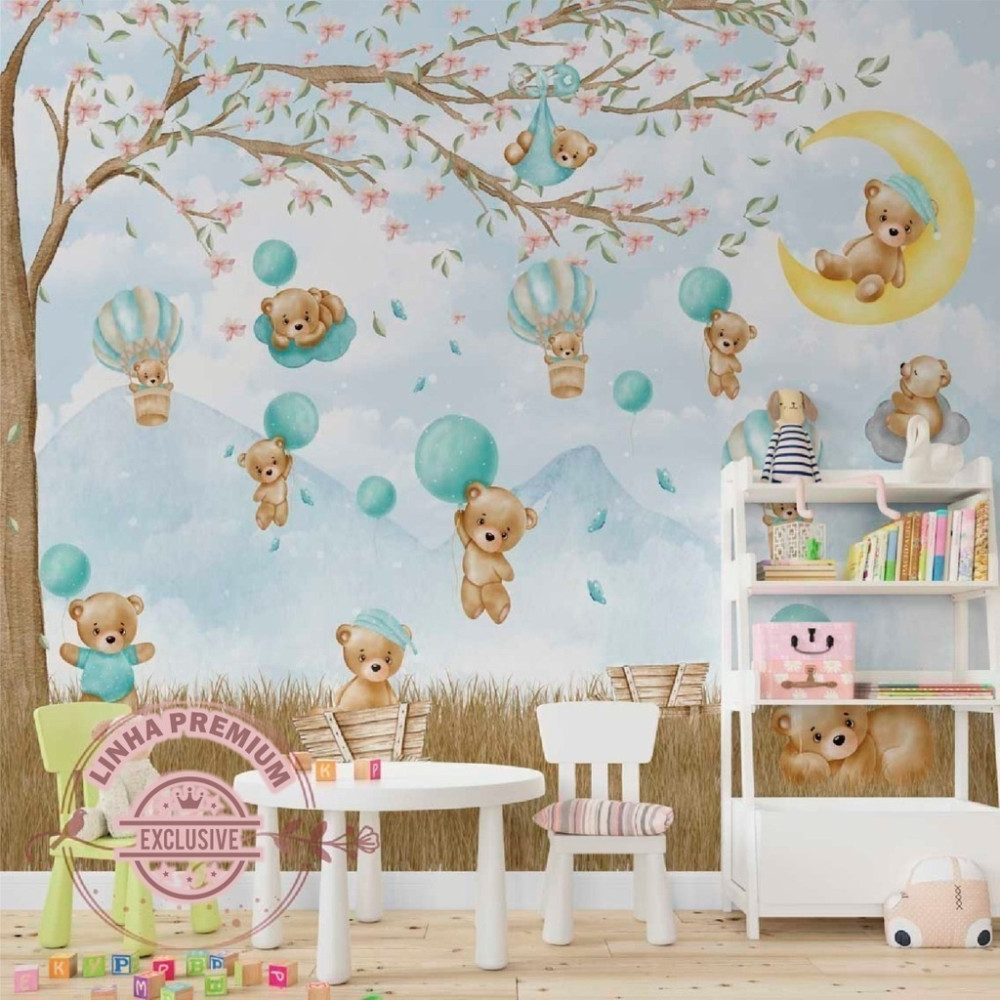 Papel De Parede Personalizado Ursinhos Fofos No Balão Verde Água