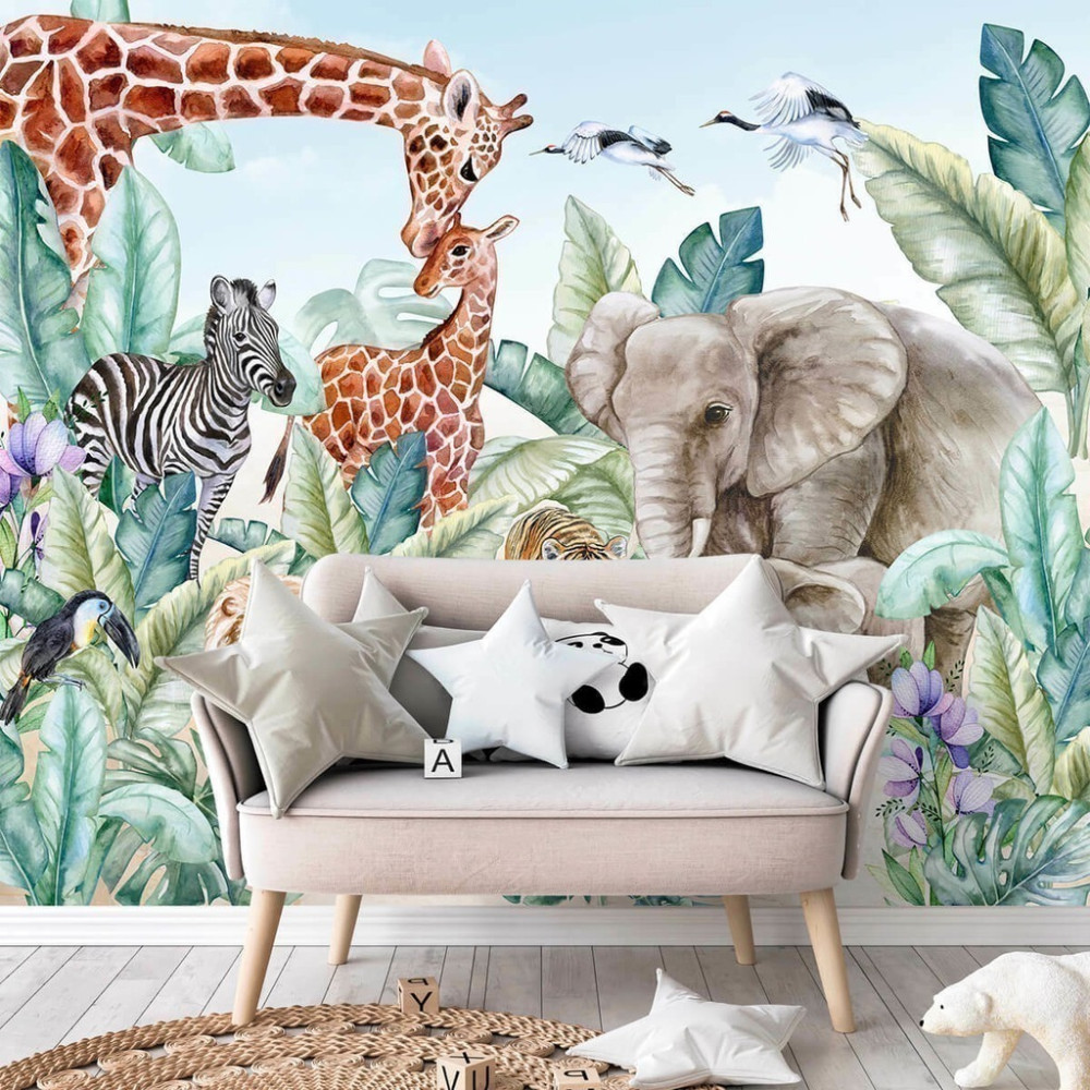 Papel De Parede Personalizado Animais Da Selva Em Aquarela Papel De Parede Personalizado Animais Da Selva Em Aquarela