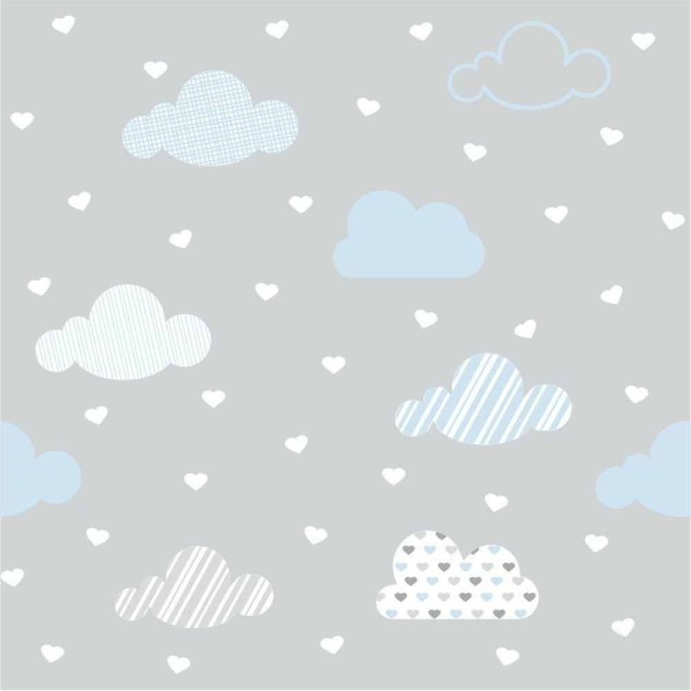 Papel de Parede Infantil Nuvens Cinza, Branco e Azul