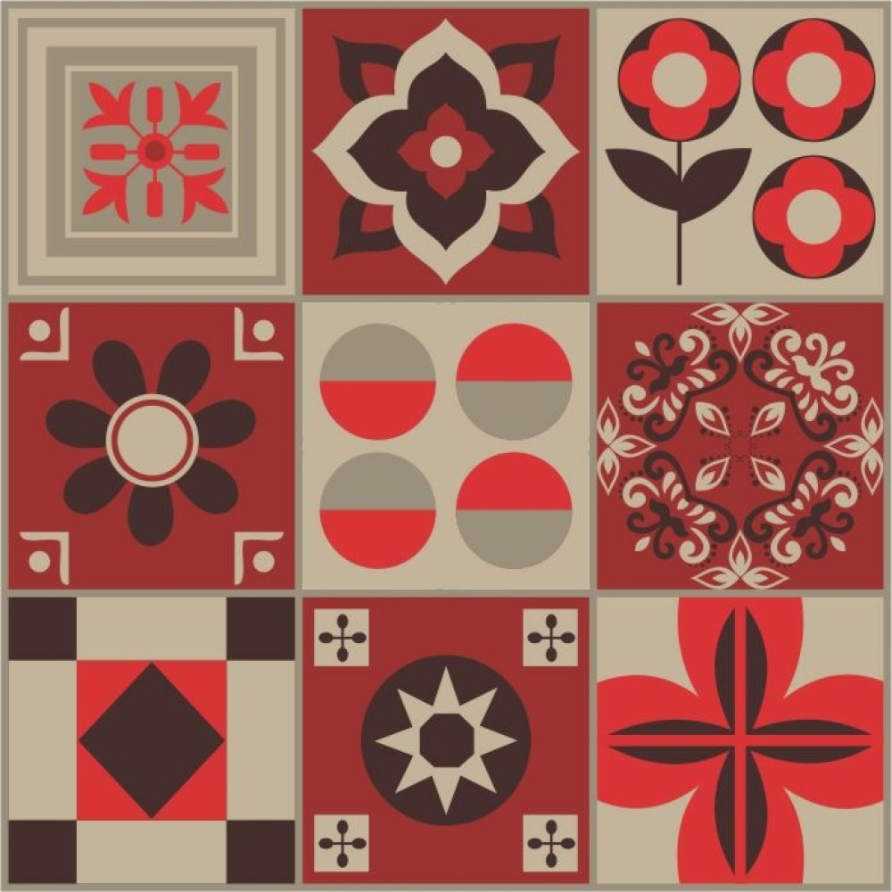 Adesivo de Azulejo Hidráulico em Tons de Bege e Vermelho