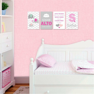 Kit de Placas Decorativas " E agora temos Tudo", Rosa e Cinza