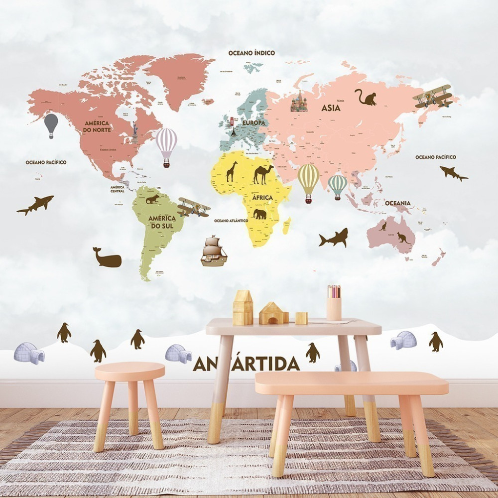 Papel De Parede Personalizado Mapa Múndi Tons Pastéis